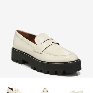 Franco Sarto Cream Patent Loafers with Chunky Black Sole